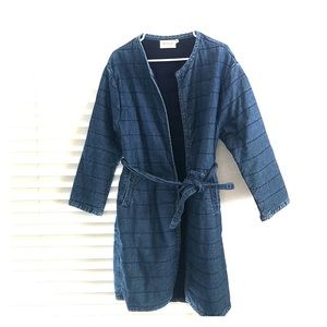 Denim long jacket with tie waist
